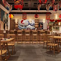 Traditional Chinese Restaurant Interior Design With Hanging Lanterns Wooden Tables Chairs And Mural Decor