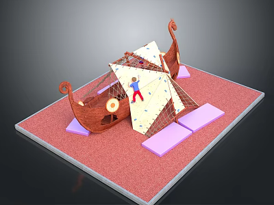 Kids Playground Structure With Ship Shaped Climbing Net Wall Red Ground And Purple Mats 3d model