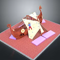 Kids Playground Structure With Ship Shaped Climbing Net Wall Red Ground And Purple Mats