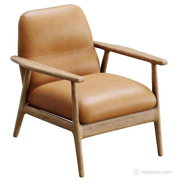 Brown Leather Accent Chair With Wooden Frame And Modern Minimalist Design 3d model 