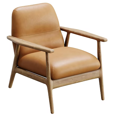 Brown Leather Accent Chair With Wooden Frame And Modern Minimalist Design 3d model
