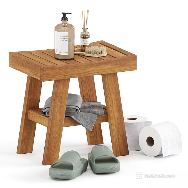 Wooden Stool With Wash Bottle Brush Towels Toilet Paper Rolls And Slippers For Daily Washing 3d model 