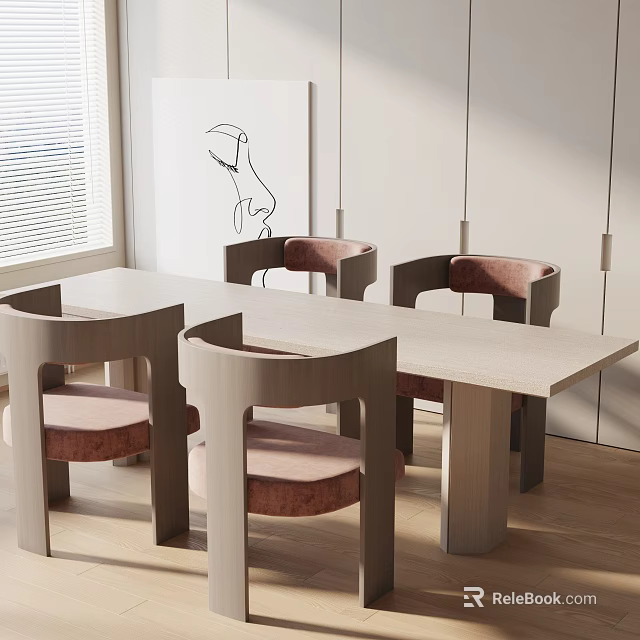 Modern Rectangular Dining Table Set With Wooden Frame And Pink Cushioned Chairs 3d model