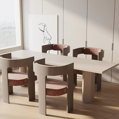 Modern Rectangular Dining Table Set With Wooden Frame And Pink Cushioned Chairs 3d model