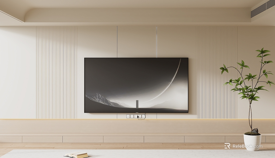 Modern Minimalist TV Wall With Striped Panel Mounted TV Lower Cabinet And Side Green Plant 3d model 