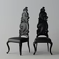 Black Accent Chairs with Intricate Carved Backs and Gray Upholstered Seats