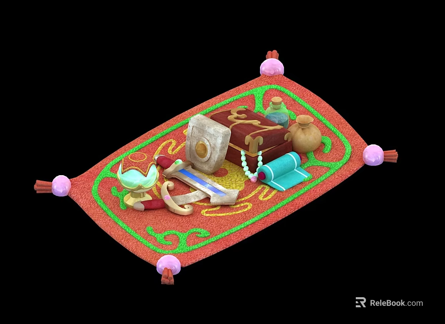 Decorative Floor Display Stack Featuring Red Green Pattern Scroll Jar Box And Pink Ball Decorations 3d model 