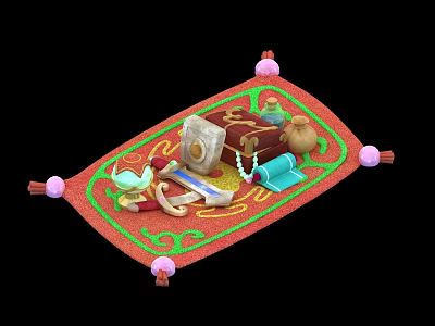 Decorative Floor Display Stack Featuring Red Green Pattern Scroll Jar Box And Pink Ball Decorations 3d model