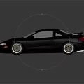 Black Two Door Sports Car With Rear Spoiler Silver Wheels Sleek Body Grey Background Reflection