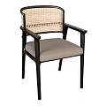 Modern Dining Chair With Rattan Backrest Dark Wooden Frame And Light Gray Seat