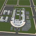 Spacious Large Building Complex With Green Roof And Parking Area Surrounded By Trees