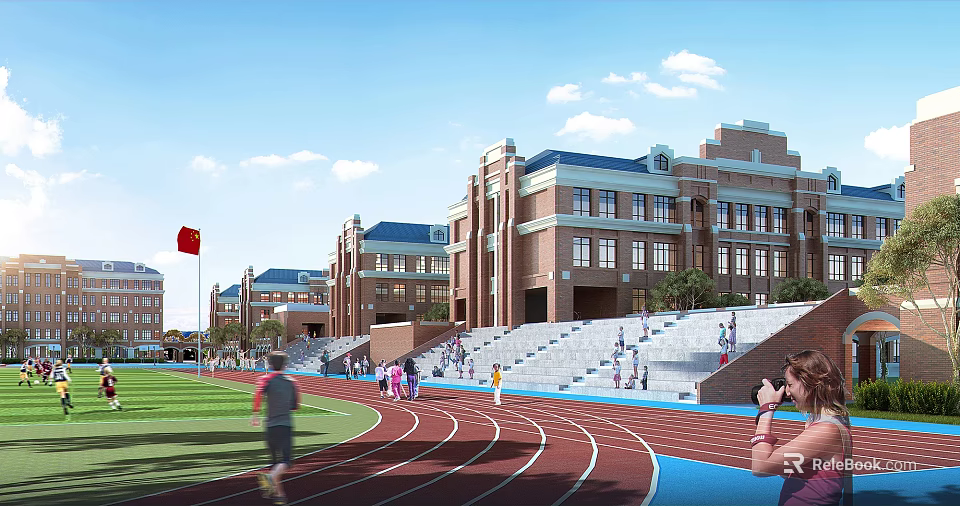 Red Brick School Building with Blue Roof Red Running Track and Sports Field 3d model 