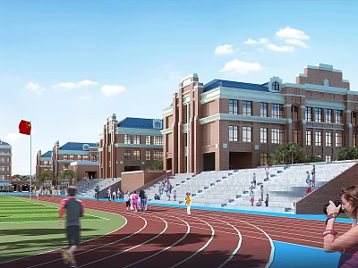 Red Brick School Building with Blue Roof Red Running Track and Sports Field 3d model