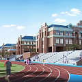 Red Brick School Building with Blue Roof Red Running Track and Sports Field
