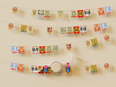 Colorful Hanging Card Decorations With Various Icons Symbols And Chinese Characters On Rope 3d model