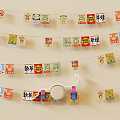 Colorful Hanging Card Decorations With Various Icons Symbols And Chinese Characters On Rope