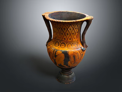 Ancient Decorative Vase With Double Handles And Intricate Geometric Figure Motifs In Orange Black Design 3d model