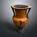 Ancient Decorative Vase With Double Handles And Intricate Geometric Figure Motifs In Orange Black Design