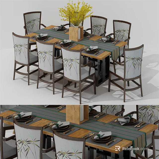 Modern Wooden Dining Table Set With Bamboo Pattern Chairs And Tabletop Decorations 3d model