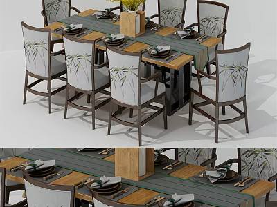 Modern Wooden Dining Table Set With Bamboo Pattern Chairs And Tabletop Decorations 3d model