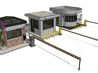 Modern Entrance Security Booth With Concrete Structure Barrier Gate And Green Plants 3d model