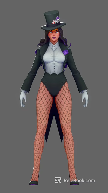 Stylish Game Movie Character In Black White Outfit With Fishnet Stockings And Purple Accents 3d model 