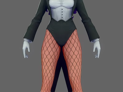 Stylish Game Movie Character In Black White Outfit With Fishnet Stockings And Purple Accents 3d model