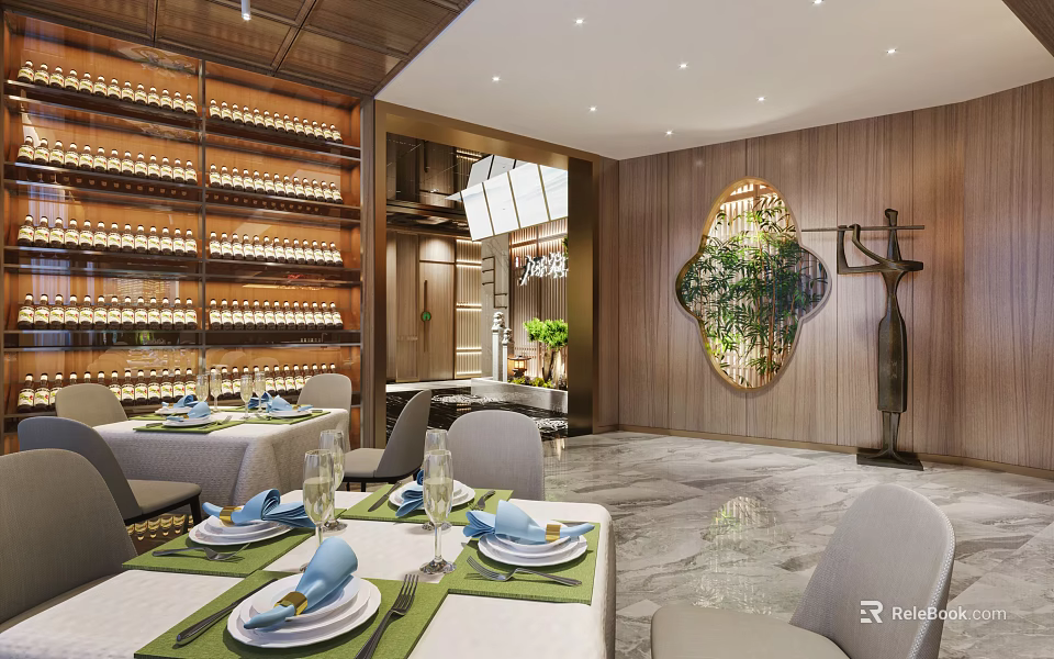 Elegant Restaurant Interior With Wine Shelves Wooden Walls Chandelier Dining Tables And Greenery Decor 3d model 