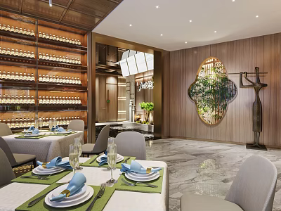 Elegant Restaurant Interior With Wine Shelves Wooden Walls Chandelier Dining Tables And Greenery Decor 3d model