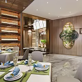 Elegant Restaurant Interior With Wine Shelves Wooden Walls Chandelier Dining Tables And Greenery Decor