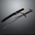 Traditional Japanese Samurai Sword With Black Scabbard Golden Hilt And Silver Blade