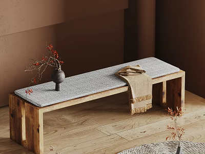 Wooden Bench With Gray Cushion Beige Blanket And Vase With Red Twigs On Indoor Floor 3d model