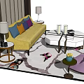 Sofa and Coffee Table Set with Yellow Upholstery Colorful Cushions White Table and Table Lamps