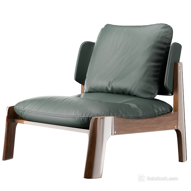 Sleek Modern Green Leather Armchair With Comfortable Cushion And Walnut Wooden Frame 3d model 