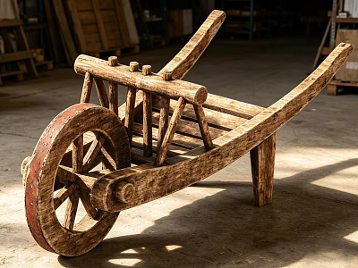 Ancient Wooden Wheelbarrow With Rustic Design And Large Spoked Wheel Structure 3d model