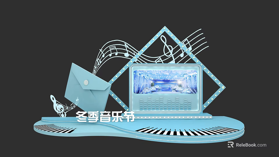 Winter Music Festival Stage Setup with Piano Keys Music Notes and Laptop Screen 3d model 