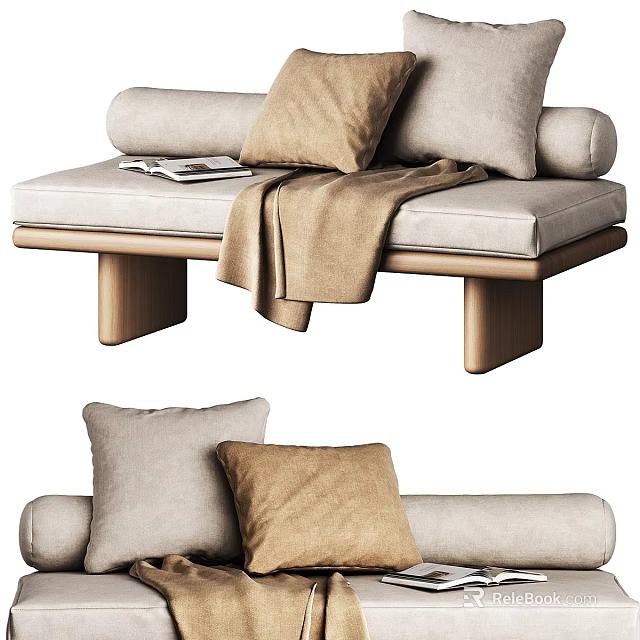 Comfortable Double Sofa With Soft Pillows Cozy Blanket And Wooden Legs In Modern Minimalist Design 3d model 