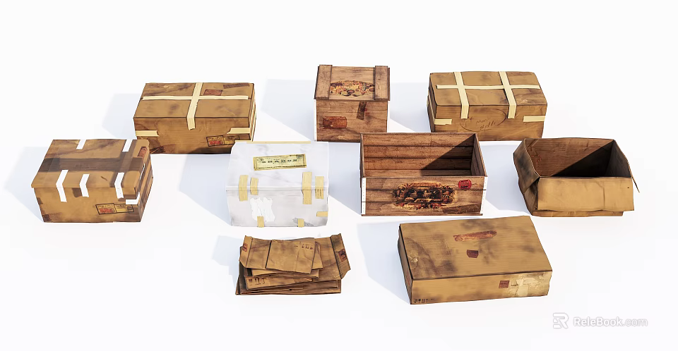 Collection of Vintage Wooden Crates With Straps Labels and Brown Finish 3d model 