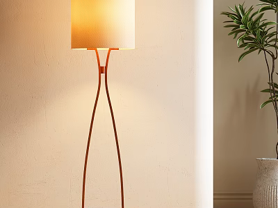 Modern Red Pole Floor Lamp with Yellow Lampshade on Beige Wall Background with Green Plant 3d model