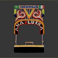 Traditional Decorative Water Transport Boat with Green Canopy Colorful Decorations Blue Yellow Hull and Seats