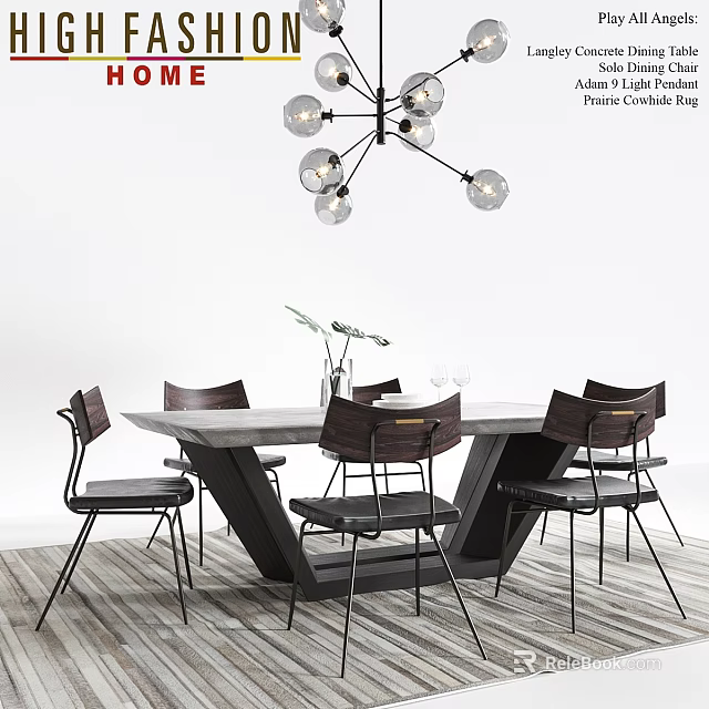 Modern Dining Table And Chair Set With Wooden Top Metal Legs And Decorative Vase 3d model 
