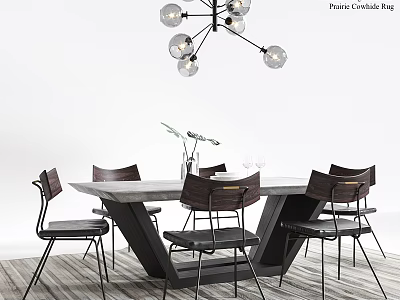 Modern Dining Table And Chair Set With Wooden Top Metal Legs And Decorative Vase 3d model