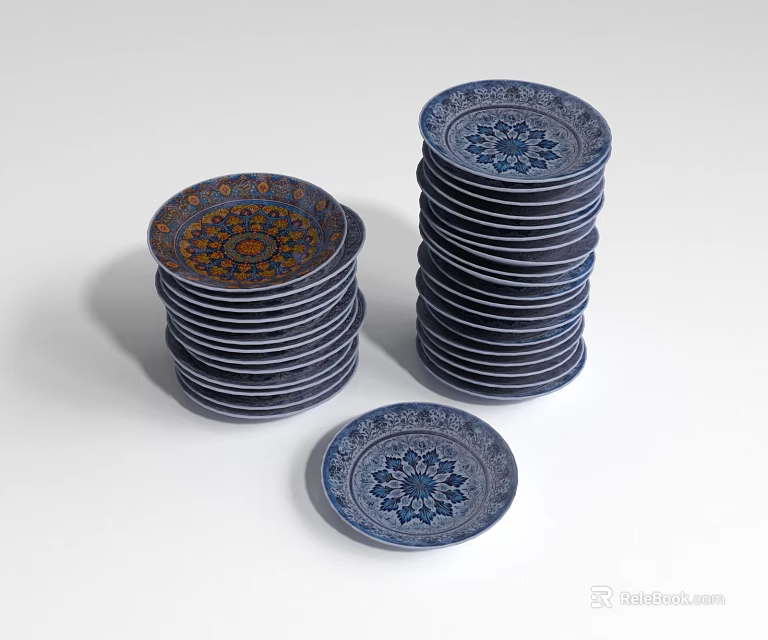 Ceramic Plates with Decorative Patterns Featuring Two Stacks and a Single Plate on White Background 3d model