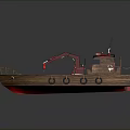 Wooden Water Boat Featuring Red Excavator Wooden Deck and Antennas Design