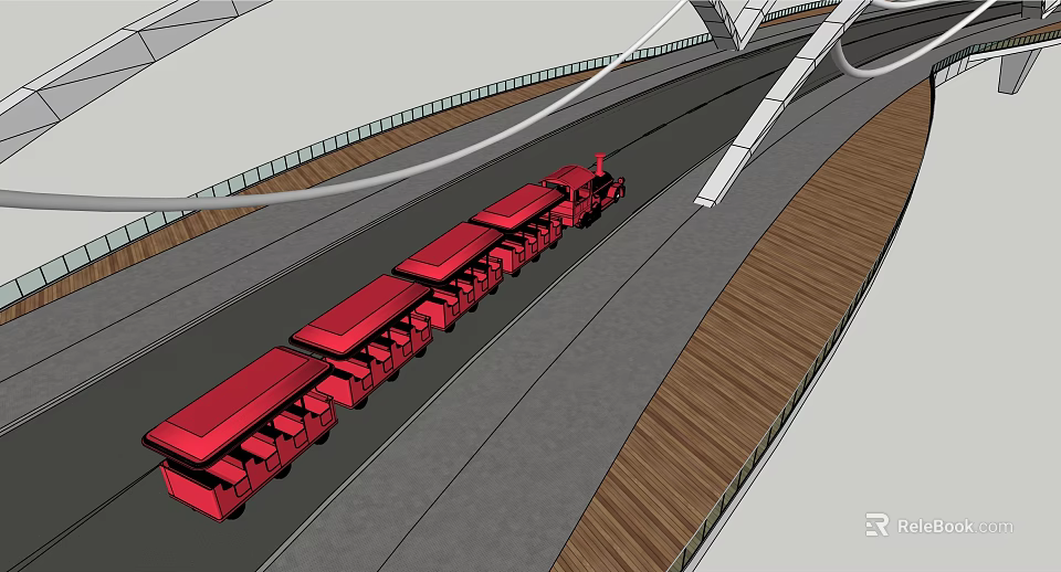 Red Train Moving On Track With Modern Bridge Structure And Wooden Edge 3d model 