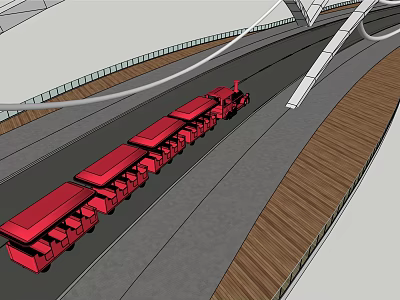Red Train Moving On Track With Modern Bridge Structure And Wooden Edge 3d model