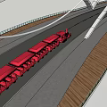 Red Train Moving On Track With Modern Bridge Structure And Wooden Edge