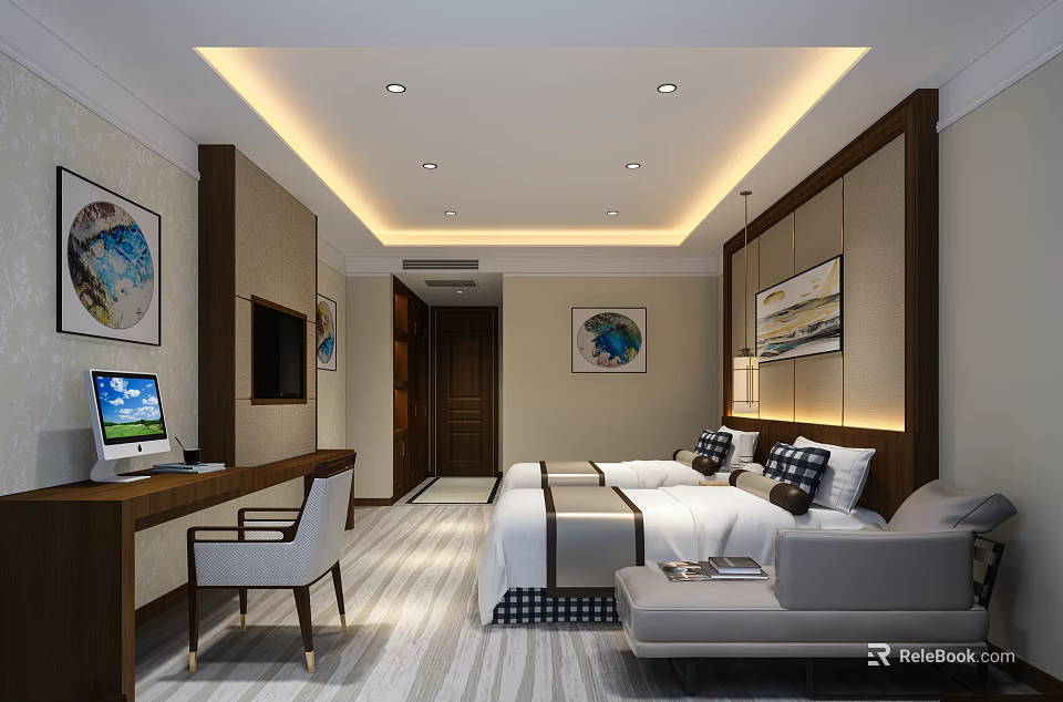 Elegant Hotel Room Interior With Double Beds Sofa Desk And Decorative Paintings 3d model 