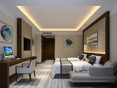 Elegant Hotel Room Interior With Double Beds Sofa Desk And Decorative Paintings 3d model