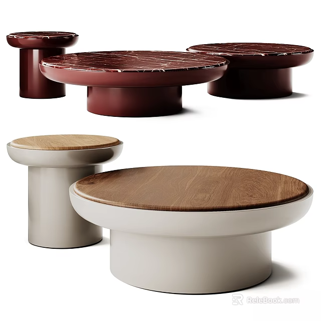 Modern Round Dining Tables With Wooden And Marble Tops And Brown White Bases 3d model 